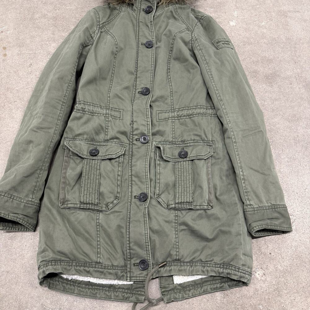 Y2K ABERCROMBIE & FITCH PARKA UTILITY GRUNGE FUR LINED COAT WOMENS XS GREEN - Picture 2 of 8